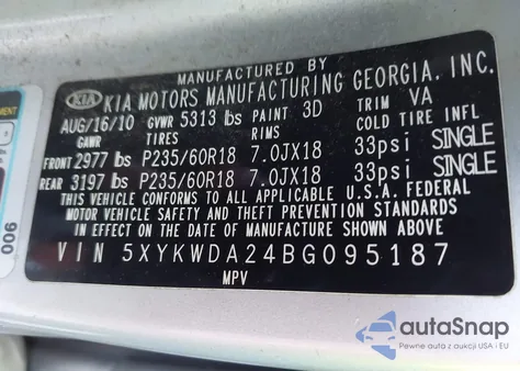 2011 Kia Sorento Sx z USA, uszkodzony, nr VIN 5XYKWDA24BG095187